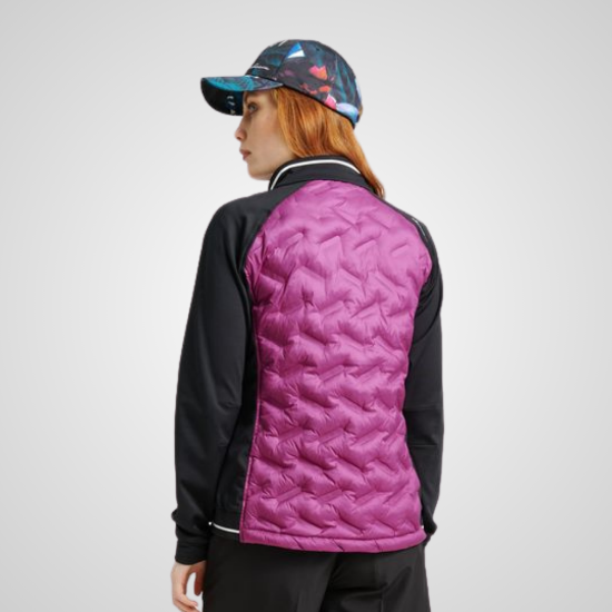 Model wearing Abacus Ladies Grove Hybrid Violet Golf Jacket Back View