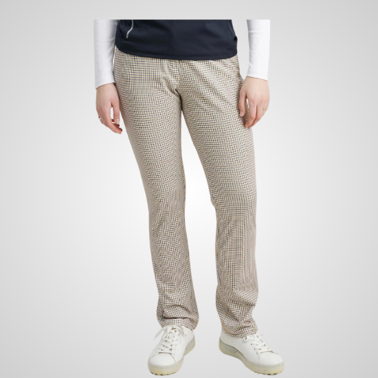 Model wearing Abacus Ladies Druids Windvent Golf Trousers Harvest Check Front View