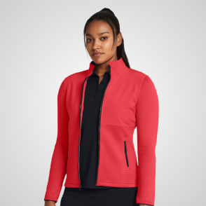 Moder wearing Under Armour Ladies Storm Daytona Red Golf Jacket Front View