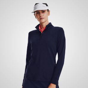 Model wearing Under Armour Ladies Playoff 1/4 Zip Navy Golf Pullover Front View
