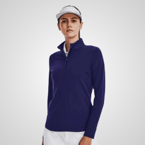 Model wearing Under Armour Ladies Playoff 1/4 Zip Blue Golf Pullover Front View
