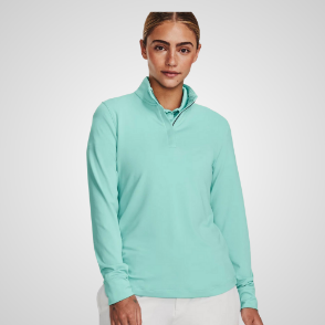 Model wearing Under Armour Ladies Playoff 1/4 Zip Turquiose Golf Pullover Front View