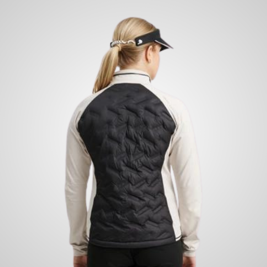 Model wearing Abacus Ladies Grove Hybrid Black Golf Jacket Back View