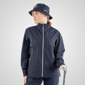 Model wearing Galvin Green Ladies Anya Gore-Tex Waterproof Navy Golf Jacket Front View