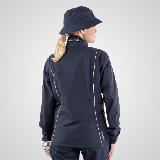 Model wearing Galvin Green Ladies Anya Gore-Tex Waterproof Navy Golf Jacket Back View