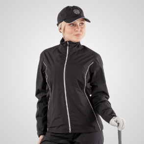 Model wearing Galvin Green Ladies Anya Gore-Tex Waterproof Black Golf Jacket Front View