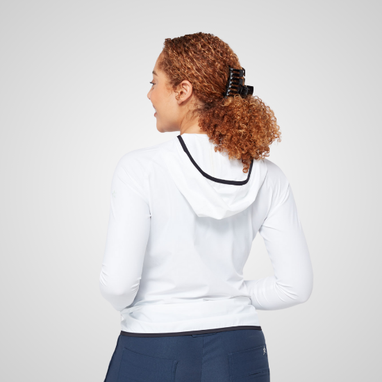 Model wearing Swing Out Sister Ladies Panther Elite White Golf Jacket Back View