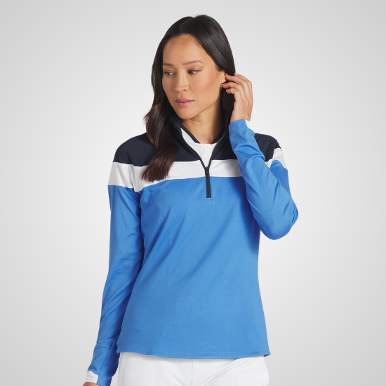Model wearing Puma Ladies Lightweight 1/4 Zip Navy Golf Midlayer Front View