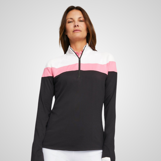 Model wearing Puma Ladies Lightweight 1/4 Zip Black Golf Midlayer Front View