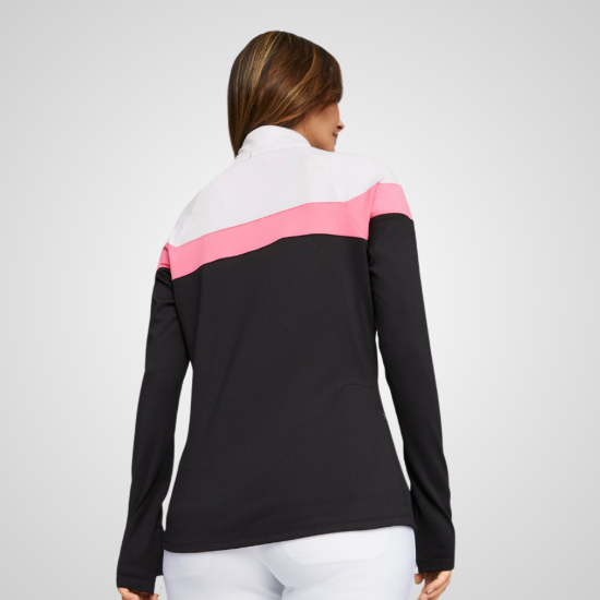 Model wearing Puma Ladies Lightweight 1/4 Zip Black Golf Midlayer Back View