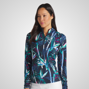 Model wearing Puma Ladies You-V Paradise 1/4 Zip Deep Navy Golf Midlayer Front View