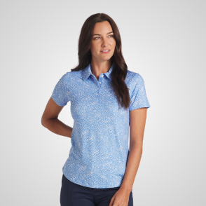 Model wearing Puma Ladies Cloudspun Microdot Blue Golf Polo Shirt Front View