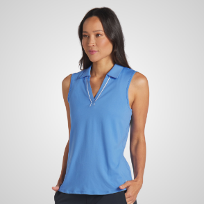 Model wearing Puma Ladies Cloudspun Piped SL Blue Skies Golf Polo Shirt Front View