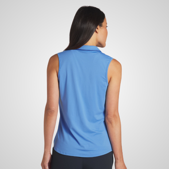 Model wearing Puma Ladies Cloudspun Piped SL Blue Golf Polo Shirt Back View