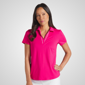 Model wearing Puma Ladies Cloudspun Piped Garnet Rose Golf Polo Shirt Front View