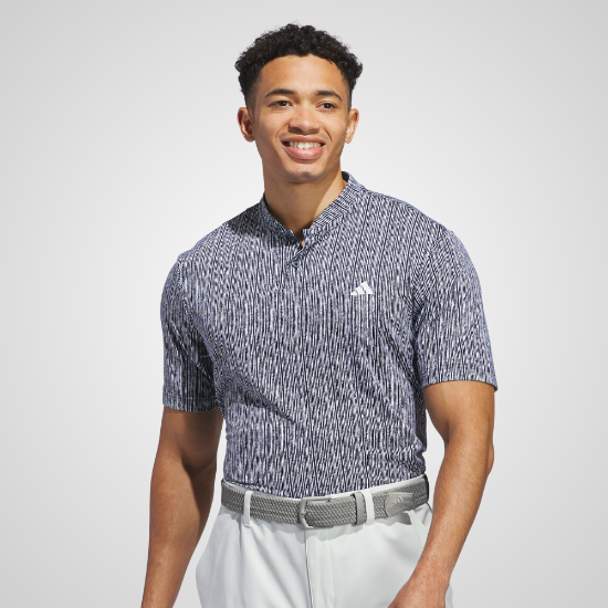 Model wearing adidas Men's Ultimate 365 Stripe Print Navy Golf Polo Shirt Front View