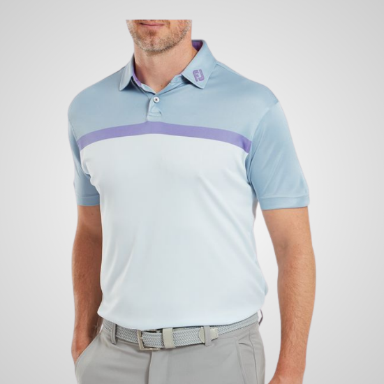 Model wearing FootJoy Men's Colour Block Mist Grey Golf Polo Shirt Front View