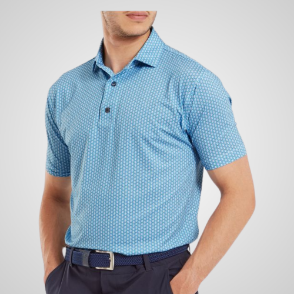Model wearing FootJoy Men's Scallop Shell Foulard Lisle Blue Golf Polo Shirt Front View