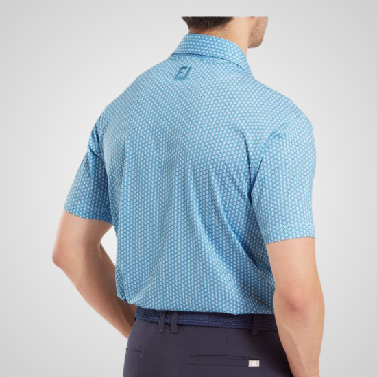 Model wearing FootJoy Men's Scallop Shell Foulard Lisle Blue Golf Polo Shirt Back View