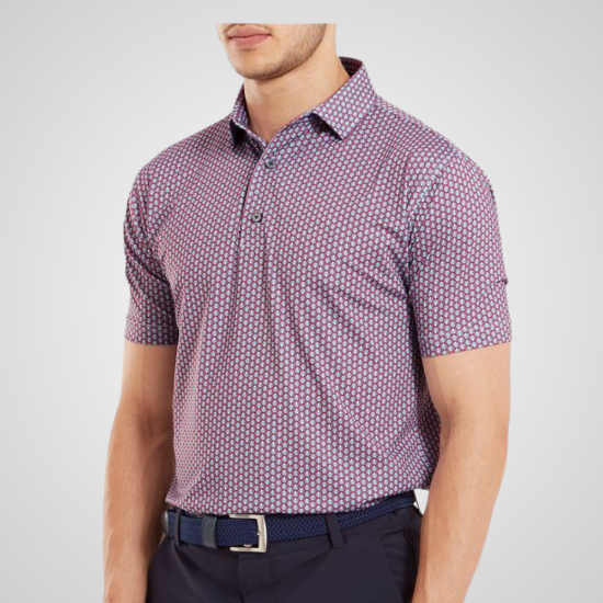 Model wearing FootJoy Men's Scallop Shell Foulard Lisle Coral Red Golf Polo Shirt Front View