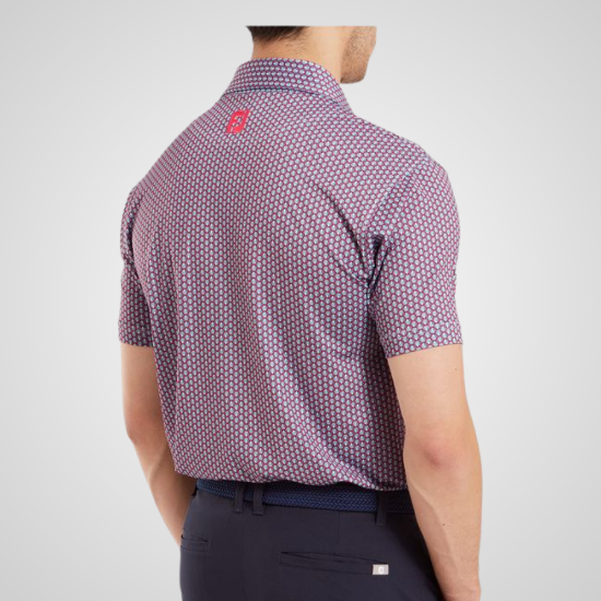 FootJoy Men's Scallop Shell Foulard Lisle Coral Red Golf Polo Shirt Back View