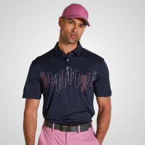 Model wearing PING Men's Arizona Cactus Print Navy Golf Polo Shirt Front View