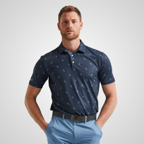 Model wearing PING Men's Gold Putter Printed Navy Golf Polo Shirt Front View