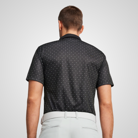 Model wearing Puma Men's Geo Black Golf Polo Shirt Back View
