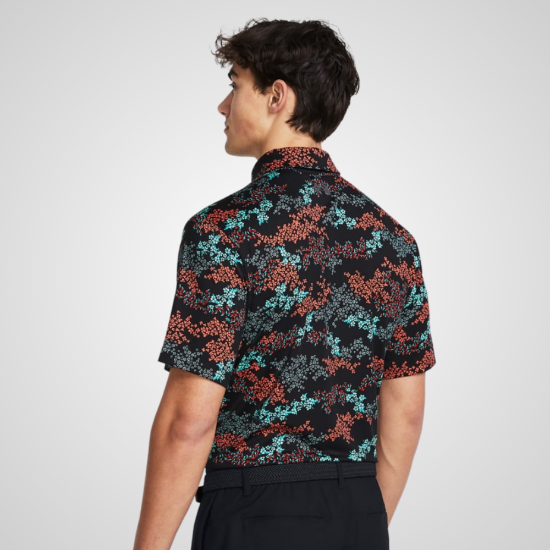 Model wearing Under Armour Men's Playoff 3.0 Printed Black Golf Polo Shirt Back View
