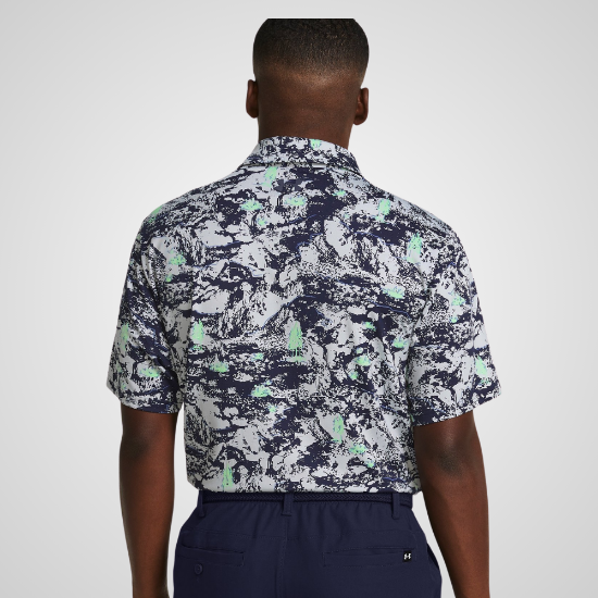 Model wearing Under Armour Men's Playoff 3.0 Printed Grey Golf Polo Shirt Back View