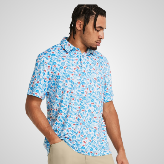 Model wearing Under Armour Men's Playoff 3.0 Printed Blue Golf Polo Shirt Front View