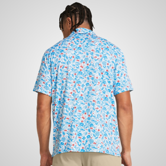 Model wearing Under Armour Men's Playoff 3.0 Printed Blue Golf Polo Shirt Back View