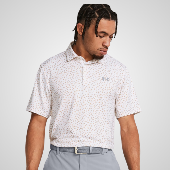 Model wearing Under Armour Men's Playoff 3.0 Printed White Golf Polo Shirt Front View