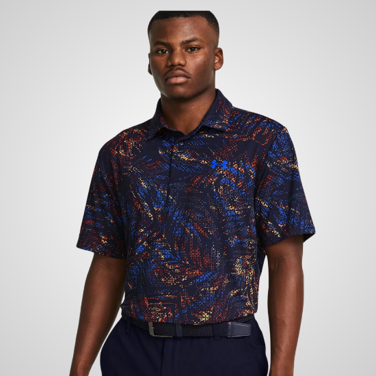 Model wearing Under Armour Men's Playoff 3.0 Printed Navy Golf Polo Shirt Front View