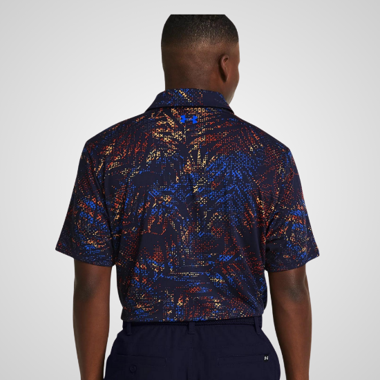 Model wearing Under Armour Men's Playoff 3.0 Printed Navy Golf Polo Shirt Back View