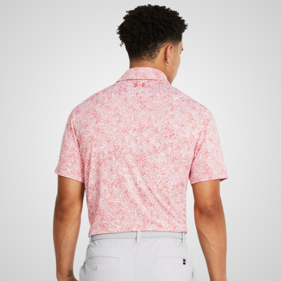 Model wearing Under Armour Men's Playoff 3.0 Printed Coho Golf Polo Shirt Back View