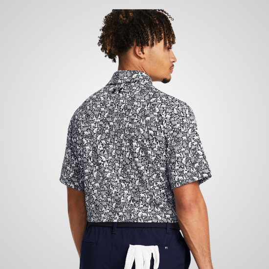 Model wearing Under Armour Men's Playoff 3.0 Printed Bear Botanic Golf Polo Shirt Back View