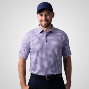 Model wearing Glenmuir Men's Irvine Pink Golf Polo Shirt Front View