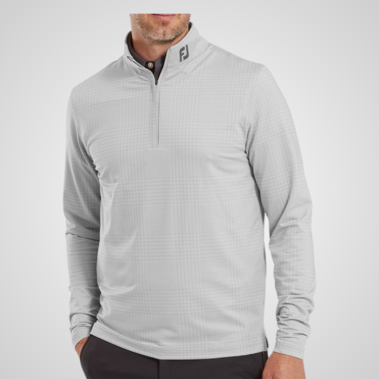 Model wearing FootJoy Men's Glen Plaid Print Chill-Out Grey Golf Pullover Front View