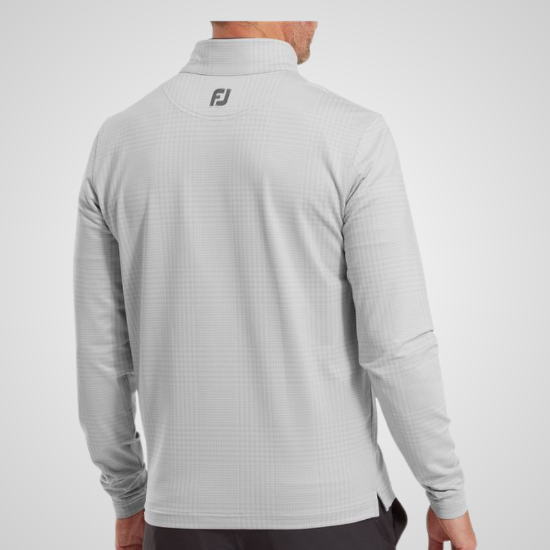 Model wearing FootJoy Men's Glen Plaid Print Chill-Out Grey Golf Pullover Back View