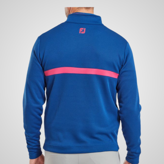 Model wearing FootJoy Men's Inset Stripe Chill-Out Deep Blue Golf Pullover Back View