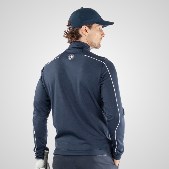 Model wearing Galvin Green Men's Dave Insula Navy Golf Midlayer Back View