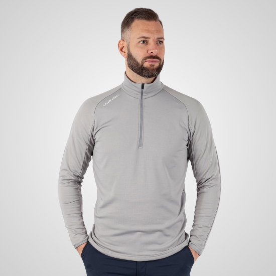 Model wearing Galvin Green Men's Drake Insula Grey Golf Pullover Front View