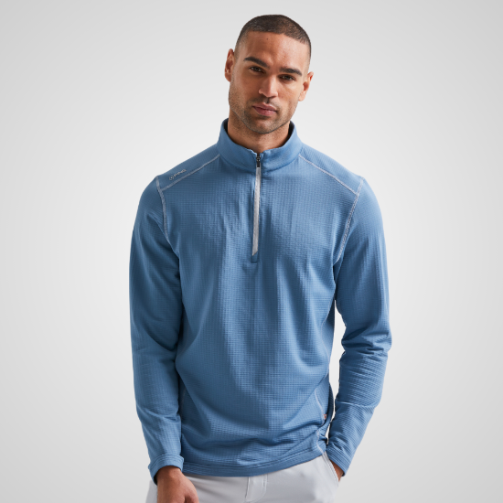 Model wearing PING Men's Edwin 1/4 Zip Blue Golf Midlayer Front View