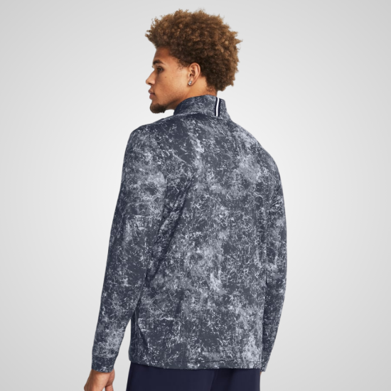 Model wearing Under Armour Men's Playoff Printed Grey 1/4 Zip Golf Midlayer Back View