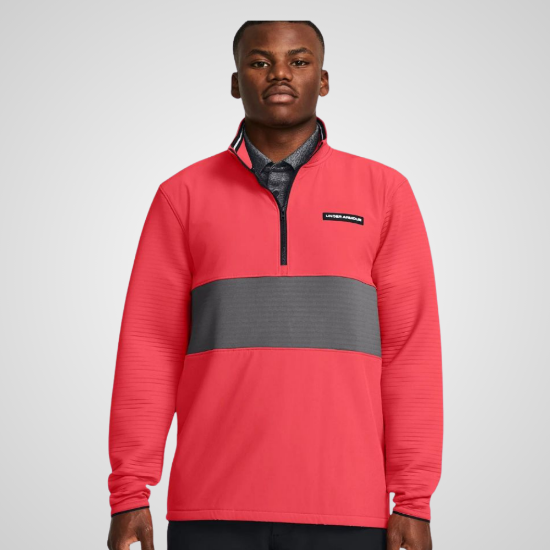 Model wearing Under Armour Men's Storm Daytona 1/2-Zip Red Golf Jacket Front View