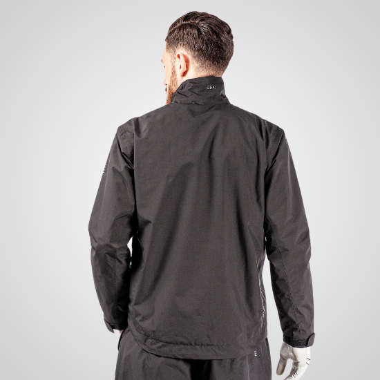 Model wearing Galvin Green Men's Arlie Gore-Tex Waterproof Black Golf Jacket Back View