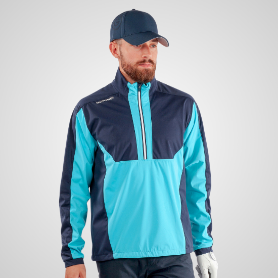 Model wearing Galvin Green Men's Lawrence 1/2 Zip Blue Golf Jacket Front View