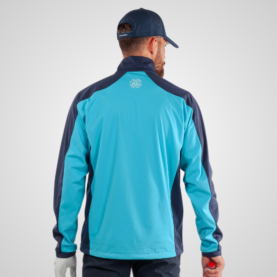 Model wearing Galvin Green Men's Lawrence 1/2 Zip Blue Golf Jacket Back View