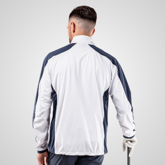 Model wearing Galvin Green Men's Lawrence 1/2 Zip White Golf Jacket Back View